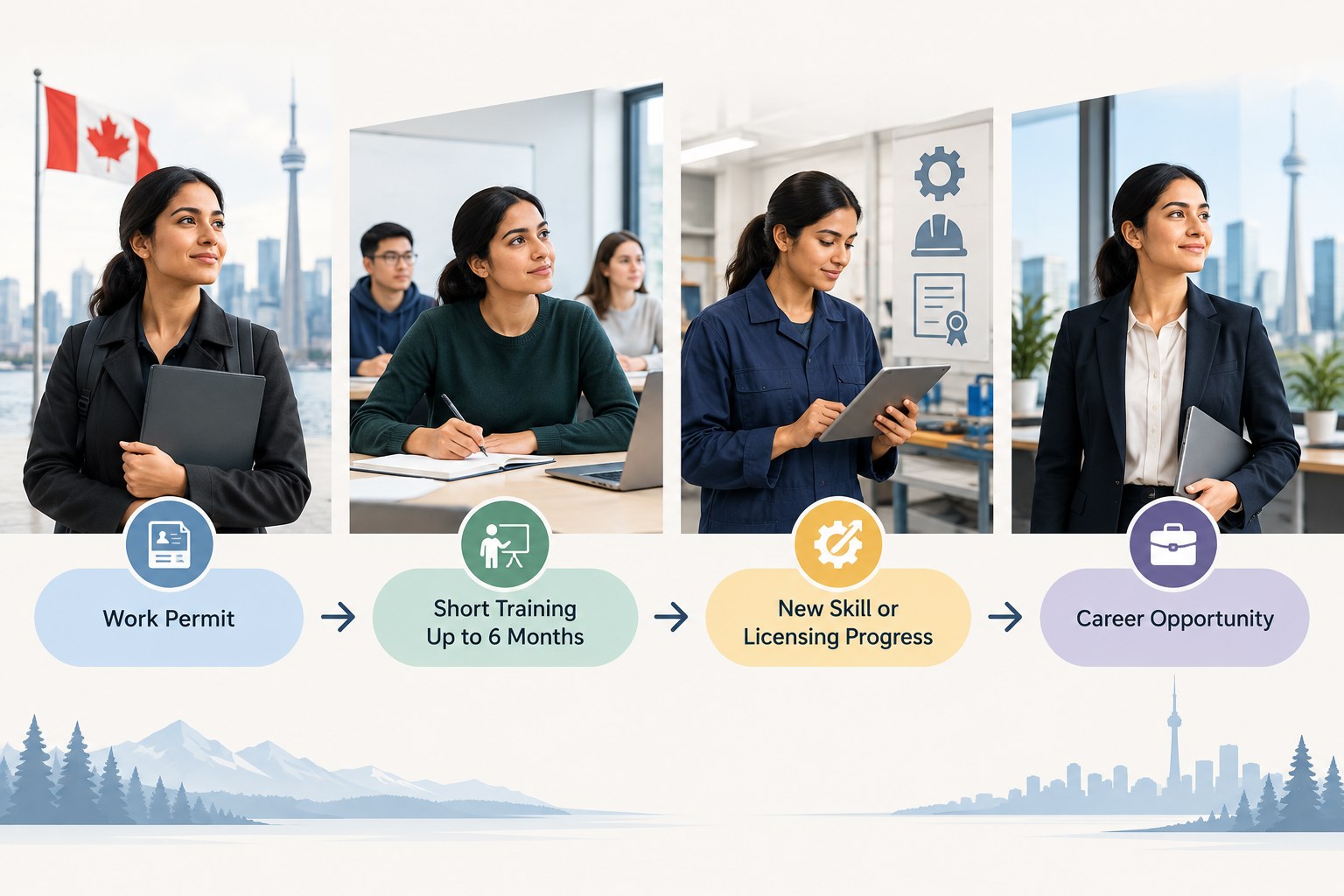 Infographic showing Canada's six-month short-term study pathway for eligible work permit holders