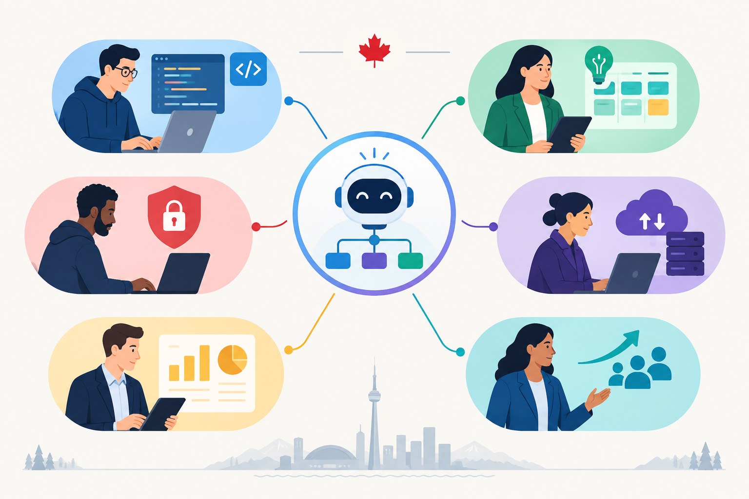 Infographic showing six career paths into agentic AI jobs in Canada