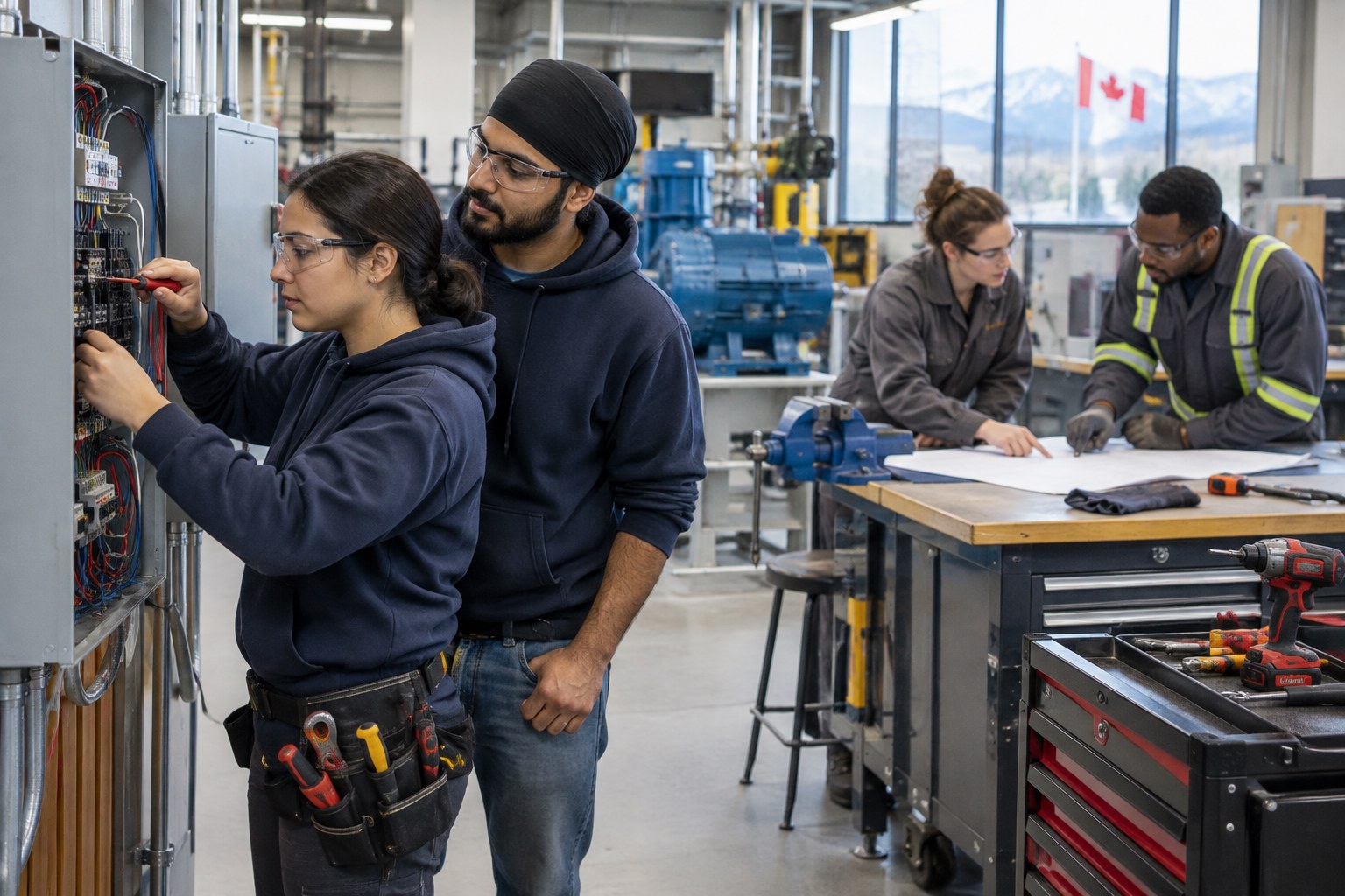 Skilled trades apprentices training in a modern Canadian technical workshop